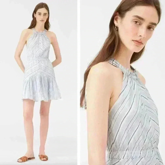 NEW Rebecca Taylor Blue White Stripe Halter Neck Mini Dress Linen Blend Beach - Picture 1 of 10